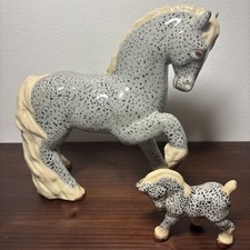 Vintage Ceramic 2 Horse Figurines Father With Foal Spotted Gray Handmade picture