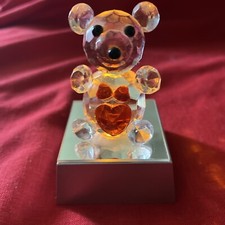 Adorable Lighted Crystal Bear on Mirrored base with red bow tie And Heart picture