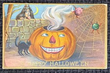 Vintage Happy Halloween Postcard APM Spider Web Jack-o-Lantern Black Cat 303 picture