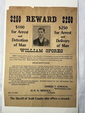⁠original 1906 Reward Poster Wanted Murder William Spores Indiana Sheriff picture