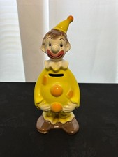 VINTAGE Ellgreave Pottery Yellow GO-GO the Clown Coin Bank w/ Stopper - England picture