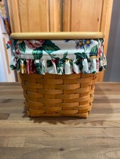 Longaberger Tall Tissue Basket 1996 w/Wooden Lid, Plastic & Fabric Liner, EUC picture