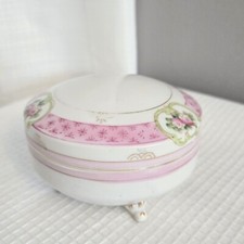 Vtg NIPPON Footed Porcelain Container Trinket Dresser Vanity Pink Stripe Floral picture