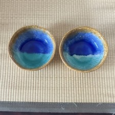 A Pair Vintage Japanese Tenmoku Crackled Glaze Ceramic Bowls Turquoise Blue picture
