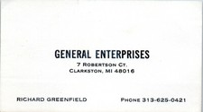 Richard Greenfield General Enterprises Clarkston Vintage Business Card Michigan picture