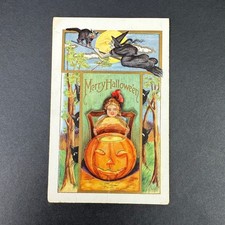 Antique Whitney Halloween Postcard Witch Cat Pumpkin Jack O Lantern cca 1910s picture