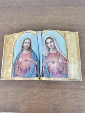 Antique Handmade Religious Art Shellac Painted Open Book Art Jesus & Virgen Mary picture