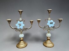 PAIR antique brass opaline glass flowers church candelabra candlesticks picture