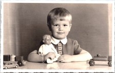 ADORABLE CHILD WITH TOYS : DOLL, TRAIN, CAR : VINTAGE PHOTOGRAPH : c 1950's picture