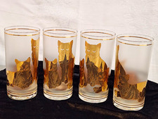 Vintage MCM Culver 22k Gold Frosted CATS Highball Glasses Set of 4 SIGNED picture