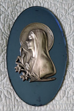 Vintage Art Nouveau Mary Madonna Plaque Mirror Cobalt Glass Pewter Religious Old picture