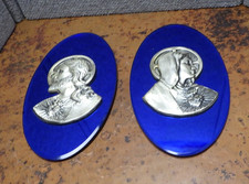 Pair Vintage Sacred Heart Jesus Virgin Mary Wall Plaques Blue Glass Deco TS picture