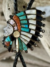 Vintage RARE VARIANT Ralph Quam Native American Zuni Sterling Indian Chief Bolo picture