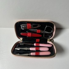 Vintage Manicure Kit 6 Piece Pocket Travel Size Pink Leather Case Zipper Close picture