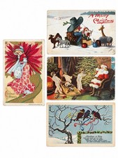 8 Rare Antique Christmas Postcards Brown & Blue Santas, Exceptional Xmas Scenes picture