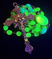 Uranium Glass Deco Style Vaseline Depression Faceted Rosary 20.5” W/Pouch  #X40 picture