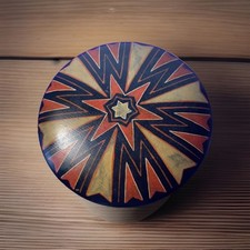 Vintage Hand Painted Wood Round Storage Box Triangle Red Stamp Tobacco? Poland? picture