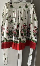 Vtge Christmas Half Apron Candy Canes Baskets Holly Berries Crisp w 1 teeny spot picture