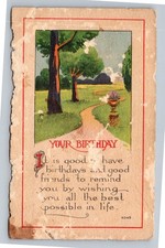 Vintage 1918 Birthday Greeting Postcard with Scenic Garden Path Illustration picture