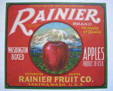 Original 1930s rare RAINIER apple crate label Mt Rainier Washington 40 lbs fancy picture