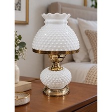 Vintage Hobnail White Milk Glass Hurricane Table Lamp - Ruffled Shade - Working picture