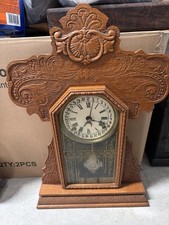 Carved Ingraham Mantel Clock w/ Pendulum, Roman Numeral Full Calendar Clock  picture