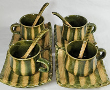 Rare VTG Tea Set Bamboo Green Stripe Cups Footed Square Saucers Spoons 12 pieces picture