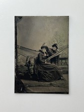 Antique 1800s Tintype Photo Two Women in Hammock Victorian Studio 1/6 Plate picture