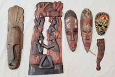 6 Ghana African Wood Hand Carved Masks - Sheath - Relief Panel Wall Hanging Art picture