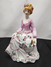 VTG Dancing Lady Figurine Pink Dress  Floral Bonnett sitting Victorian (GIFT) picture