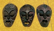3 Aboriginal Australia Hand Made Dot Painted Wood Mask Art Lizard Dolphin Turtle picture