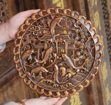 Camphor Wood Carved Carp Leaping Over Dragon Plaque Feng Shui Wall Hanging Decor picture