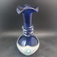 Stunning Cobalt Blue Art Glass Vase, Hand Applied Metal With Faux Turquoise OBO picture