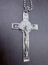 Large Lined Beveled Silvertone St Benedict Crucifix Cross Necklace picture