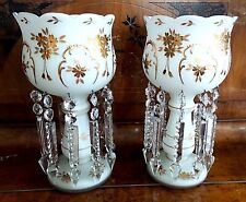 TWO WHITE CASED LUSTRES GOLD CRUSTED FLORAL DESIGN 10 CRYSTALS EACH picture
