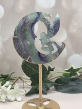 Fluorite Fairy Crescent Moon Carving Gold Stand Crystal Gemstone Decor 6.5” picture