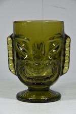 Vintage Green Glass Tiki Vase Cup Collectible Luau Goblet Hawaiian Happy/Sad 6