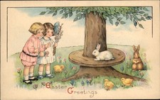 Easter Children with Rabbits and Chicks Animals c1900s-10s Vintage Postcard picture