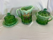 Set Vintage Mosser Cherry Cable Green Opalescent Pitcher Butter Dish Candy Jar picture