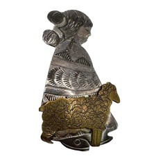 Vintage Navajo Benson Boyd Sterling Silver Brass BB Native Girl Sheep Pin Brooch picture
