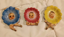 3 VTG. Anthropomorphic Flower Tea Bag Holders Japan  Figurines Blue Pink Yellow picture
