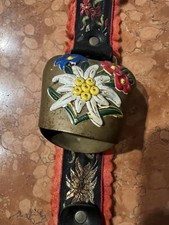Vintage Swiss Cow Bell Handmade Brass With Fringed Strap Bavarian Edelweiß picture