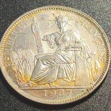 1937 A FRENCH INDO-CHINA SILVER 20 CENTS COIN “TONED” UNCIRCULATED- picture