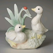 Vtg 1988 Enesco Duck Pair & Lady Bug Figurine White Porcelain Mint Adorable HTF picture
