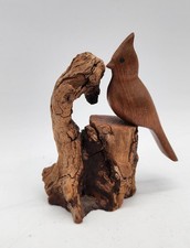 Hand Carved Wooden Bird on Natural Driftwood Sculpture Rustic Folk Art Decor picture