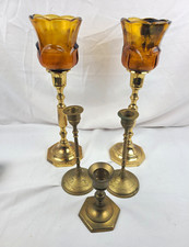 Brass Candle Holders, Amber Glass Tulip Shades, 5pcs. picture
