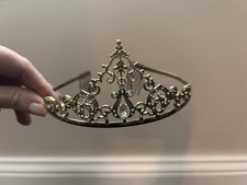 Vintage Rhinestone TIARA w/ side combs Headpiece Gold tone Crown Costume picture