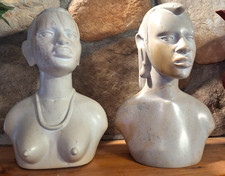 Vintage African Kisii Soapstone Busts Pair Kenya Tribal Man Woman Art Sculpture picture