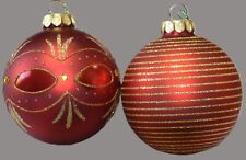 Lot of 2•Dark Red Gold Christmas Tree Bling Sparkle Glass Ornaments Hand Painted picture