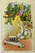 Christmas Postcard Patriotic Children USA Flag Steamship Sailor Suit Glorious picture